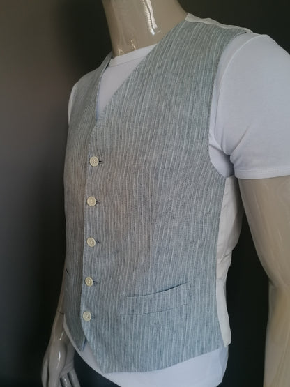 Gilet en lin. Blue beige gris rayé. Taille S / 48.