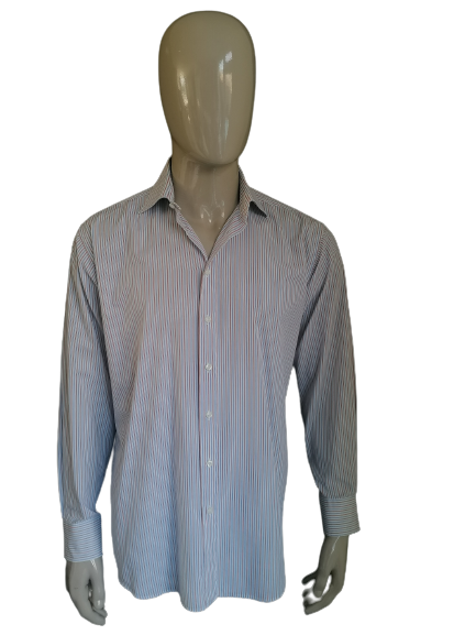 Camicia bijenkorf. Strisce blu bianco marrone. Dimensione 41 / L.