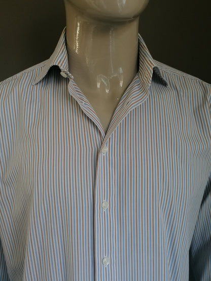 Bijenkorf shirt. Brown white blue striped. Size 41 / L.