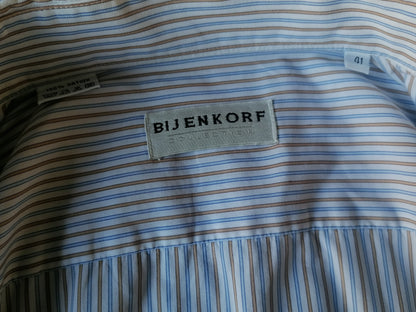 Bijenkorf shirt. Brown white blue striped. Size 41 / L.