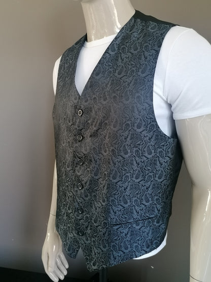 Gilet vintage. Stampa paisley lucida grigia. Taglia XL.