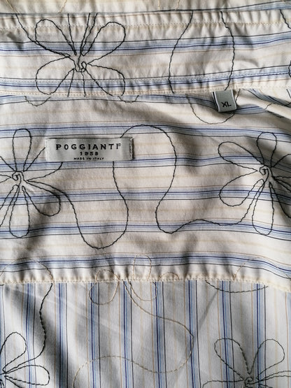 Poggianti-Shirt. Beige grau blaues Motiv. Größe XL.