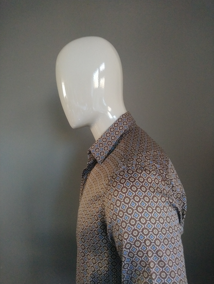 Camicia devidata. Stampa blu marrone. Taglia L.